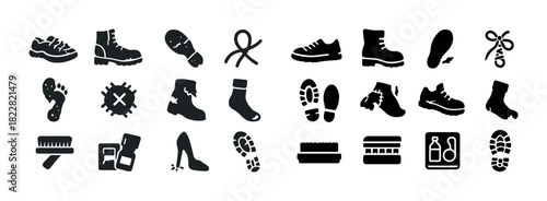 Footwear care icons: boots, soles, brushes, laces, socks