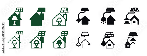 Solar-powered home icons set with lamps in green and black variations