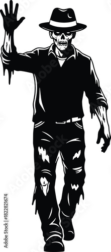 Vintage Style Black and White Vector Illustration of a Walking Zombie in a Hat Waving, Undead Scary Creature Graphic Design, Ideal for Horror Themes, Halloween Posters, and T-shirt Prints