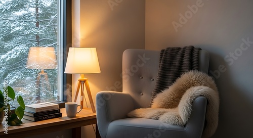 Cozy armchair bathed in warm lamplight next to a window with a snowy forest view