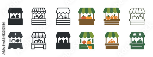 Variety of fruit and vegetable stall icons in black and colorful designs