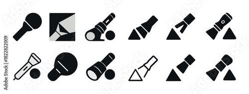 Collection of microphone and telescope icons in black and white style