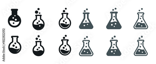 Set of chemistry flask icons with bubbling liquid in various styles