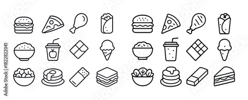 Line art icons of fast food: burgers, pizza, chicken, tacos, ice cream, coffee, pancakes