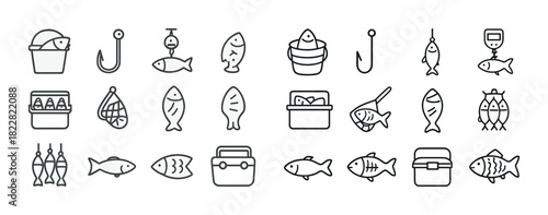 Linear fishing icon set: hooks, fish, baskets, scales, nets