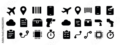 Set of logistics and technology icons in black silhouette style