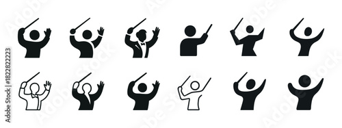 Silhouette icons of conductors in various poses with batons