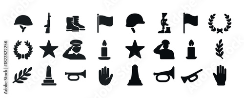 Military and remembrance symbols: helmets, flags, boots, salutes, musical instruments, candles