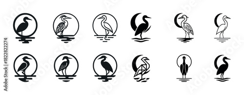 Stylized heron silhouettes in artistic black and white designs