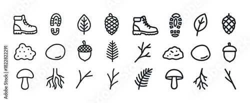 Outdoor and nature icons: boots, leaves, acorns, mushrooms, and nature elements
