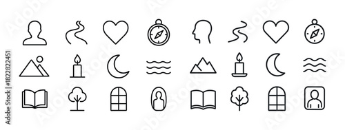 Minimalist icon set with people, nature, and objects including compass and moon