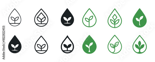 Green and black seedling icons in teardrop shapes for eco-friendly designs