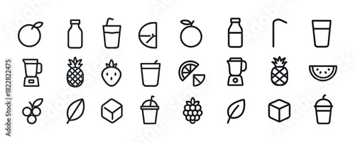 Collection of beverage and fruit icons: blender, juice, pineapple, berries, cube