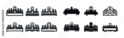 Black and white icon set of conference table meetings