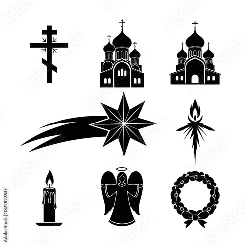 Black religious icon set featuring crosses, churches, stars, wreaths, candles, and spiritual elements