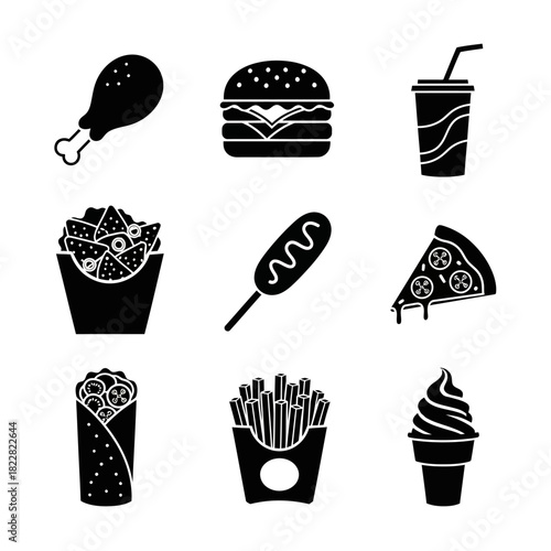 Black silhouette fast food icon set