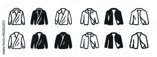 Set of black and white jacket icons with various styles and designs