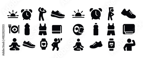 Fitness routine icons: yoga, running, nutrition, exercise, wellness