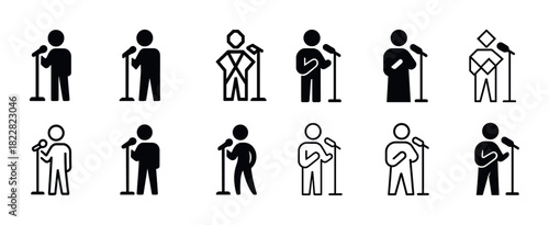Diverse stick figure icons at microphones: evolution of public speaking styles