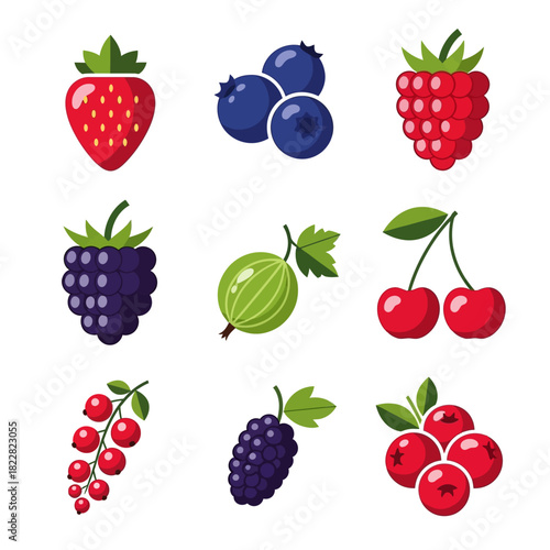 Colorful berry icons including cherries, blueberries, raspberries, and blackberries