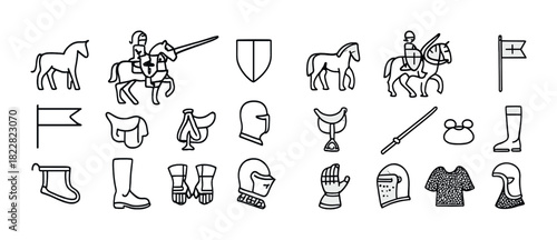 Medieval symbols: knights, horses, armor, shields, and flags line art