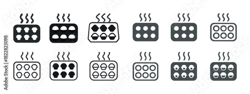 Black and white icons of various steaming food shapes in rectangles