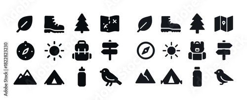 Outdoor adventure icons set: nature, hiking, travel, navigation symbols