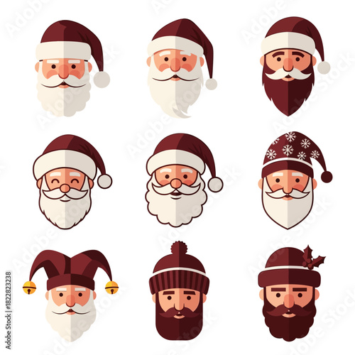 Santa Claus faces with multiple expressions, diverse beard shapes, and Christmas