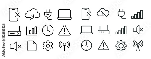 Minimalist tech icons: devices, alerts, and connectivity symbols