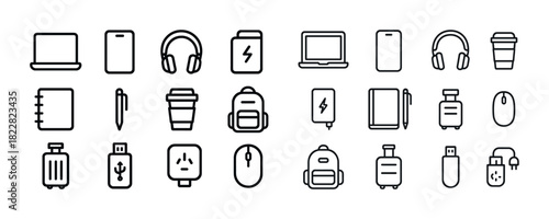 Assorted electronic and travel icons - laptop, headphones, backpack, notebook, charger, mouse