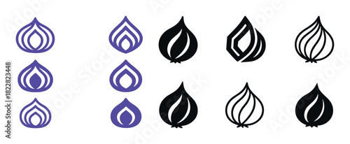 Creative minimalist onion design icons: purple and black variations