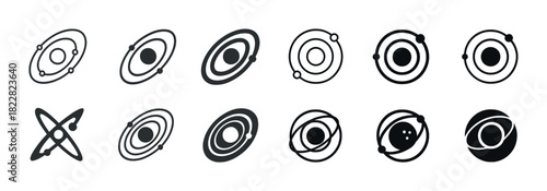Black and white planetary orbit icon set with various designs