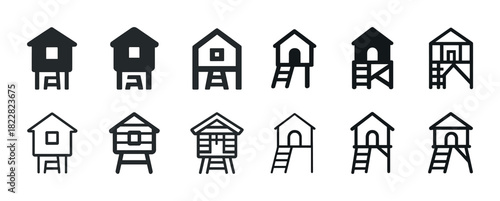 Simple treehouse icon set illustrating various designs and styles