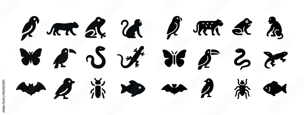 Fototapeta premium Silhouette icons of animals and insects: parrot, frog, monkey, butterfly, fish