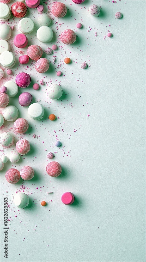 Fototapeta premium A top-down view of various round candies and sprinkles in pastel pink, white, and orange hues scattered across a light blue, textured surface. The candies are a