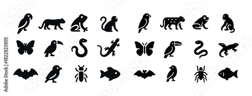 Silhouette icons of animals and insects: parrot, frog, monkey, butterfly, fish