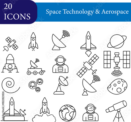 Space Technology & Aerospace Line Icons – Outline Symbol Set, Perfect for UI, infographics, education, engineering, and futuristic design projects.
