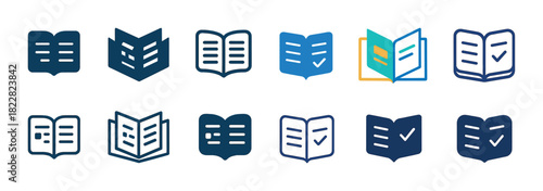 Collection of diverse open book icons in various styles and colors