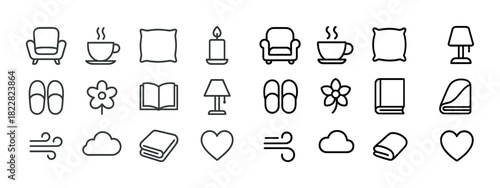 Set of home and leisure icons featuring furniture, decor, and relaxation elements