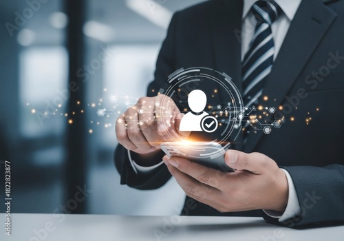 Businessman managing digital identity verification and customer data with a secure mobile application for personal authentication
