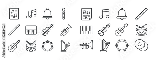 Music icon set: instruments and notes in simple black outline style