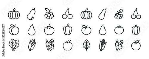 Outline icons of fruits and vegetables in simple black line art style