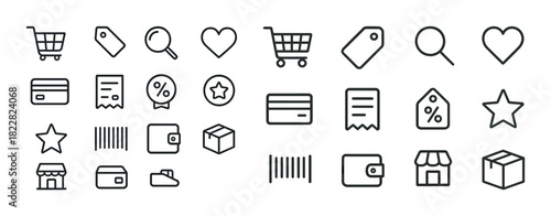 Minimalist shopping icons including cart, tag, heart, wallet, and barcode symbols