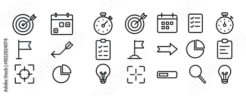 Set of black and white icons: target, calendar, stopwatch, arrow, checklist, lightbulb, magnifier