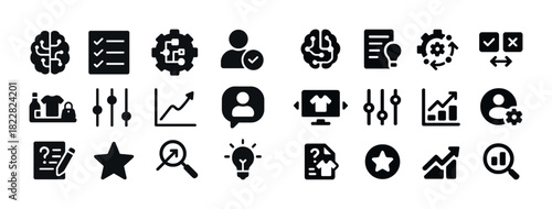 Collection of black icons on white background showcasing business, technology, and communication concepts