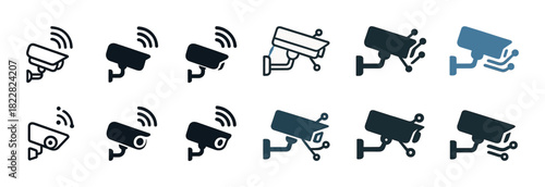 Diverse cctv camera icons: wireless, wired, technology, security, surveillance