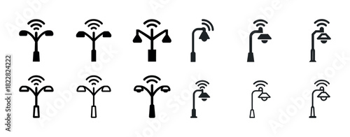 Smart streetlight icons with wifi signal elements in various designs