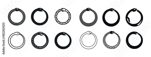 Ouroboros symbol variations: snake eating tail designs