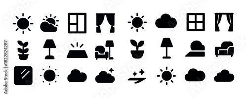 Home and weather icons: sun, cloud, window, curtain, plant, lamp, sofa