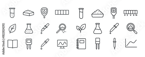 Linear icons of laboratory equipment and nature elements